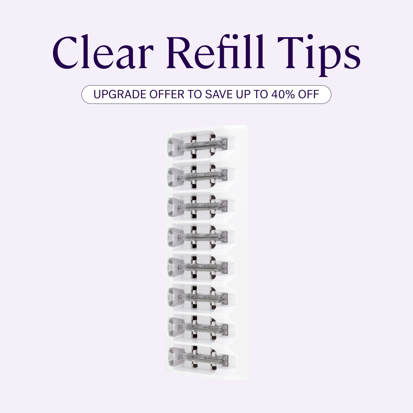 Ten clear Sonicsmooth Refill Blades by Michael Todd Beauty are shown vertically on a white background, with text above promoting up to 40% off and BOGO savings.