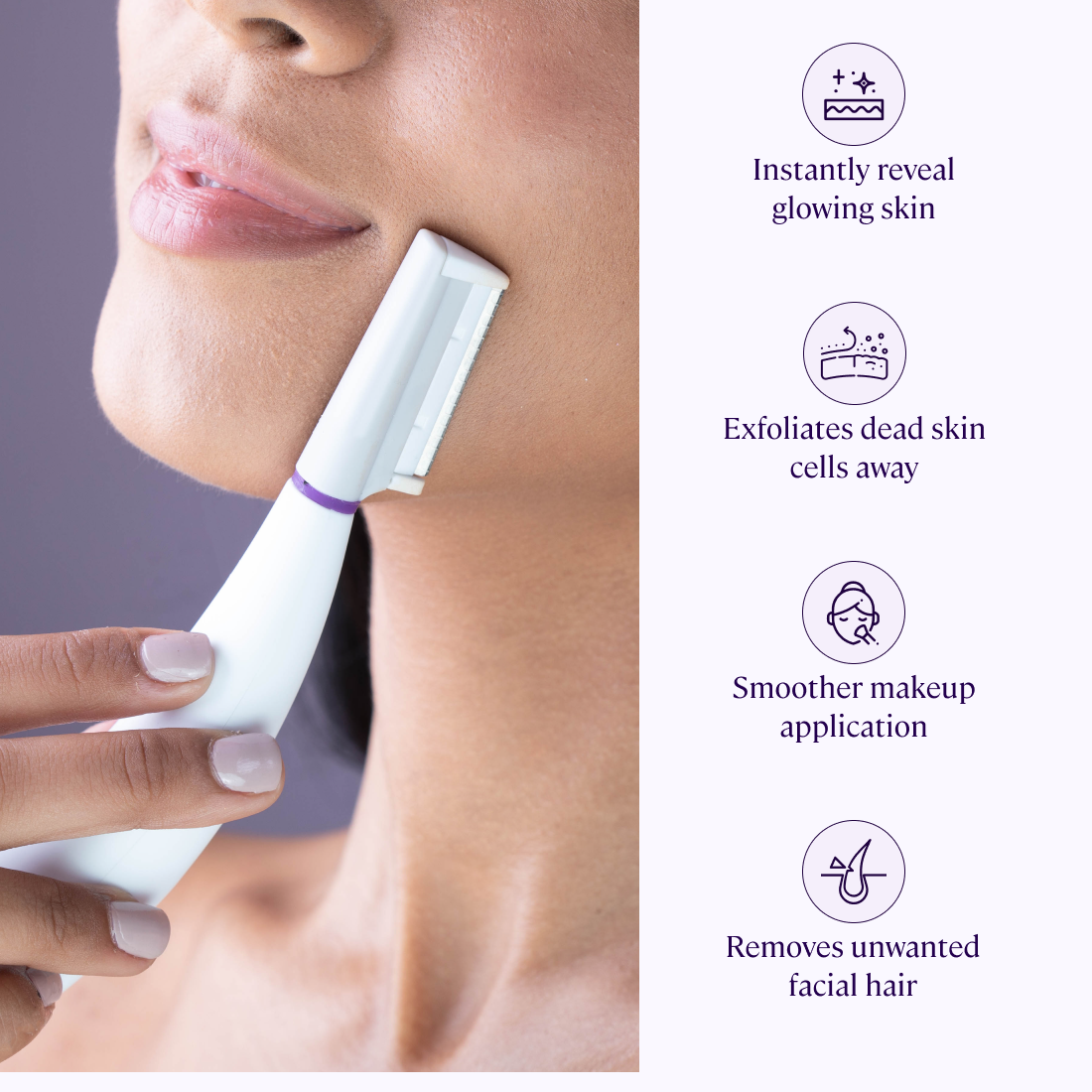 The woman is using a Michael Todd Beauty 2-Piece Best Sellers Kit to shave her face and achieve a radiant complexion.