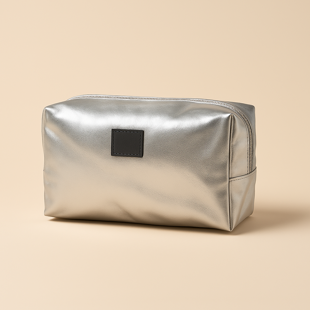 A Travel Bag from Michael Todd Beauty, featuring a metallic silver finish and a black square patch, sitting on a beige surface.