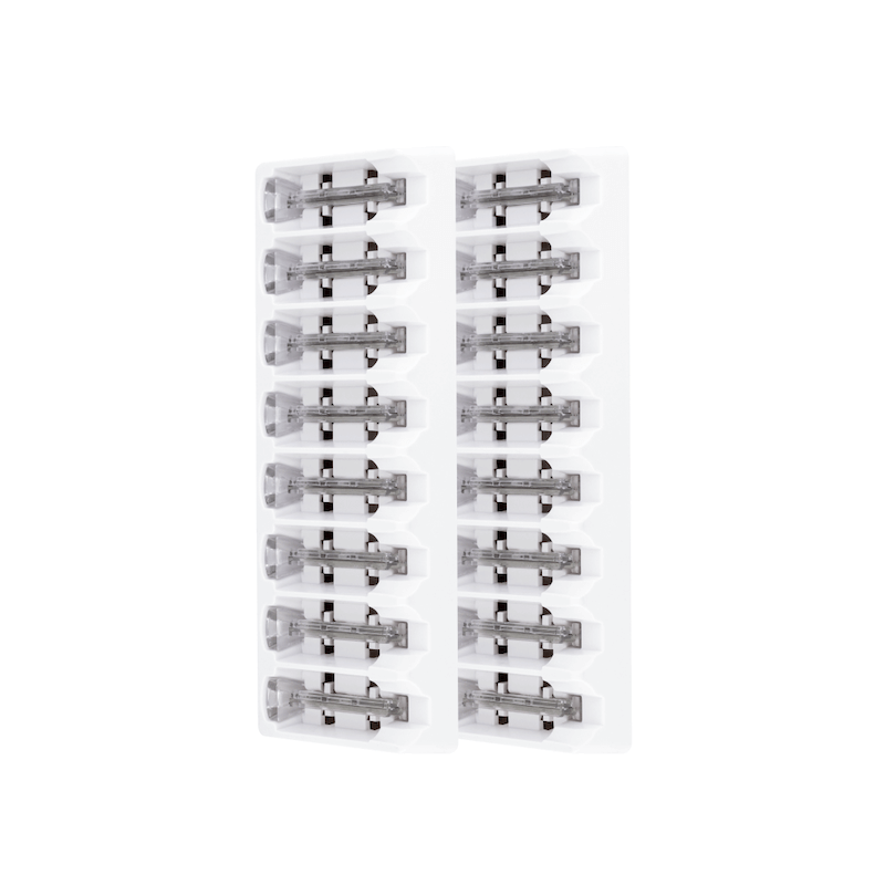 4 Month Supply - Two vertical rows of Sonicsmooth Clear Refill Tips by Michael Todd Beauty are arranged on a white background, showcasing their stainless steel connections for durability.