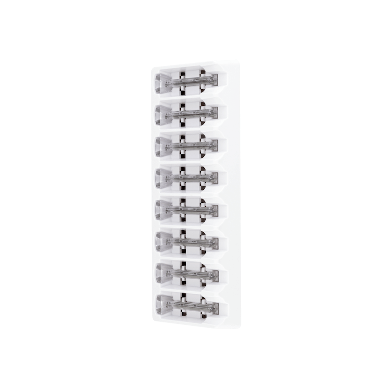 2 Month Supply - The Sonicsmooth Clear Refill Tips by Michael Todd Beauty is a white plastic holder containing nine replaceable razor blade cartridges, each with medical-grade safety tips arranged in a vertical column.