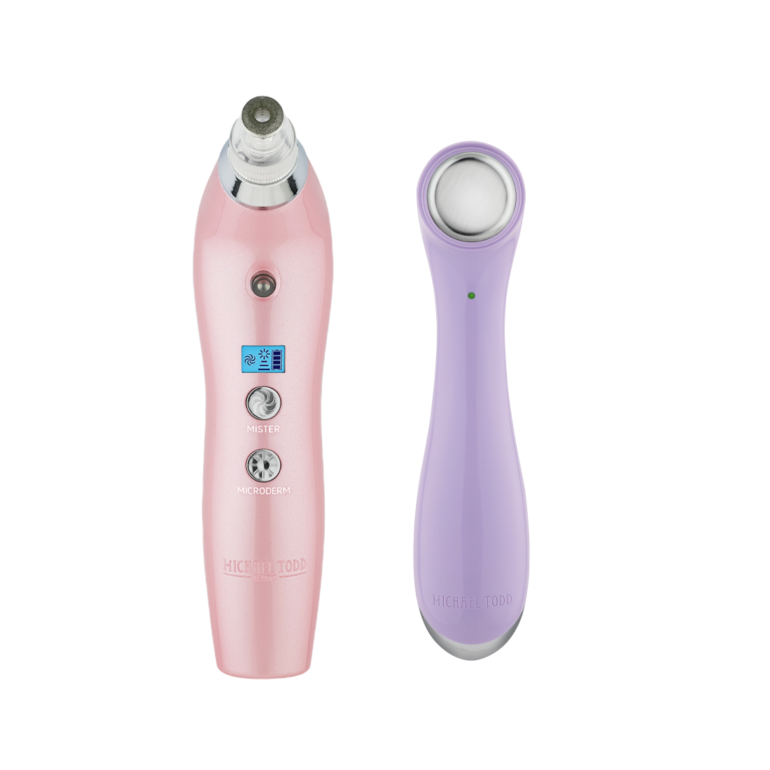 A pink Forever Young Bundle beauty device with silver buttons from Michael Todd Beauty.