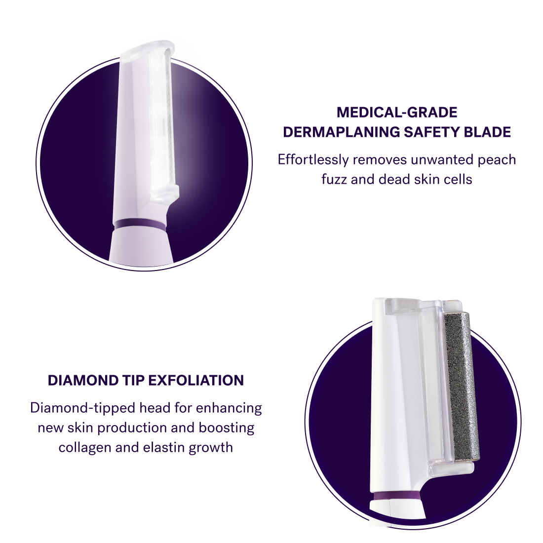 Highlighted close-up of the Michael Todd Beauty Sonicsmooth Pro+ Refill Kit with Microdermabrasion, showcasing its medical-grade safety blade designed for peach fuzz removal and a diamond tip for effective exfoliation. This tool ensures versatile use with transparent refill tips, providing optimal performance for every session. 4 Month Supply