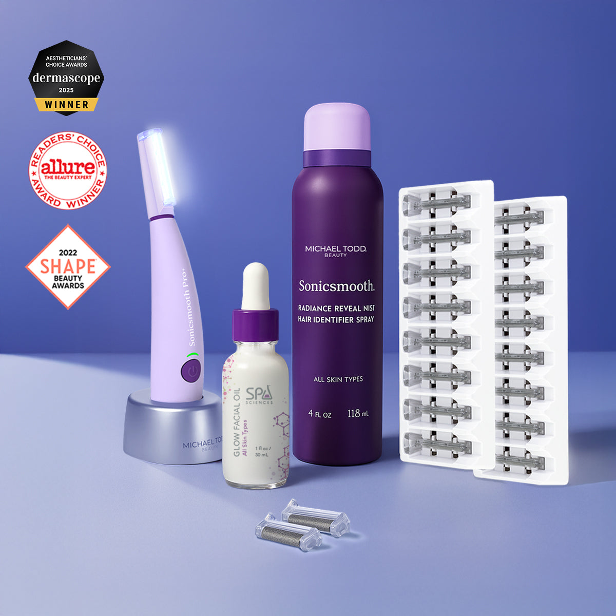 The Michael Todd Beauty Sonicsmooth Pro+ Starter Kit includes a skincare device with charging base, hair identifier spray, serum bottle, replacement blades, and displays four beauty award badges on a purple background.