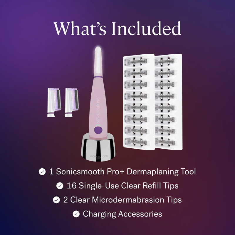 Pink The Michael Todd Beauty Sonicsmooth Pro+ System includes 16 single-use clear refill tips, 2 microdermabrasion tips, and charging accessories—your all-in-one solution for gentle exfoliation and peach fuzz removal.