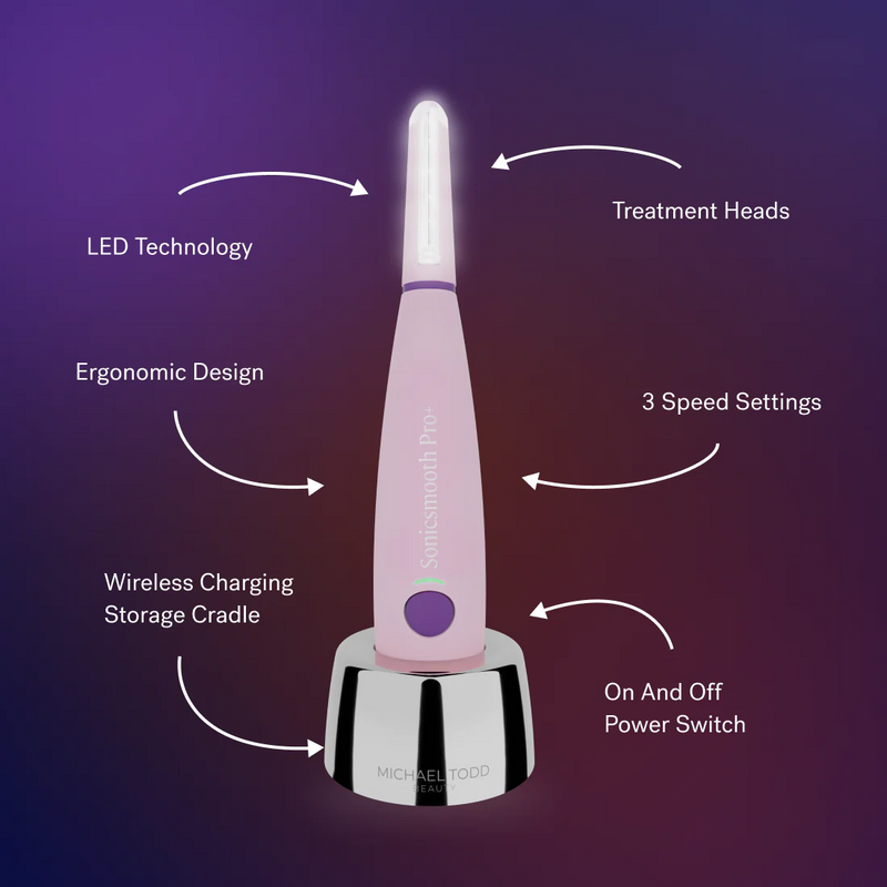 Pink The Michael Todd Beauty Sonicsmooth Pro+ System is a pink handheld device with LED treatment heads, ergonomic design, 3 speed settings, sonic dermaplaning for exfoliation and peach fuzz removal, a wireless charging cradle, and on/off power switch.