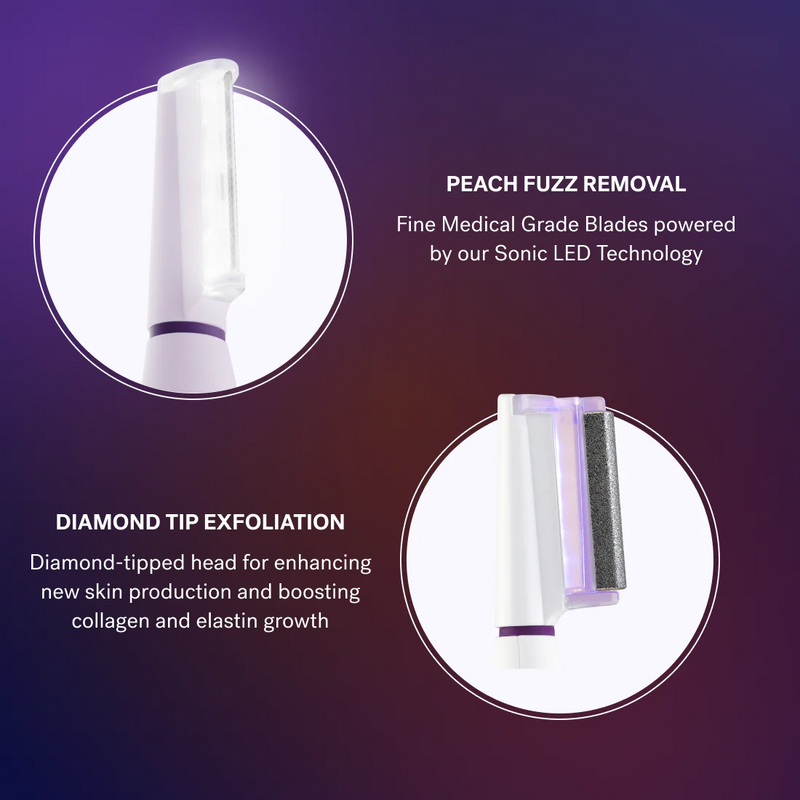 Pink Close-up of the Michael Todd Beauty Sonicsmooth Pro+ System, a beauty device with medical-grade blades for peach fuzz removal, a diamond-tipped exfoliation head, and advanced sonic dermaplaning technology.