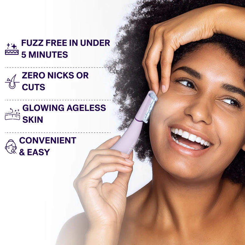 Pink A smiling woman uses the Michael Todd Beauty Sonicsmooth Pro+ System on her cheek; text highlights its safe, convenient peach fuzz removal, gentle exfoliation, and fast results.