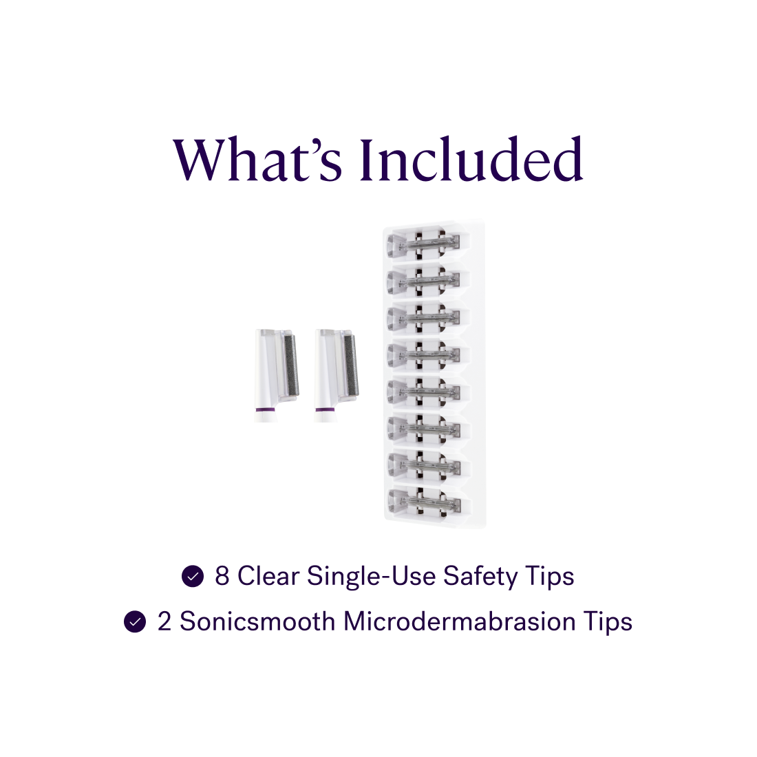 Image showing the Michael Todd Beauty Sonicsmooth Pro+ Refill Kit w/ Microdermabrasion, featuring 8 single-use Clear Refill Tips and 2 precision-focused Sonicsmooth Microdermabrasion Tips for dermaplaning. 2 Month Supply