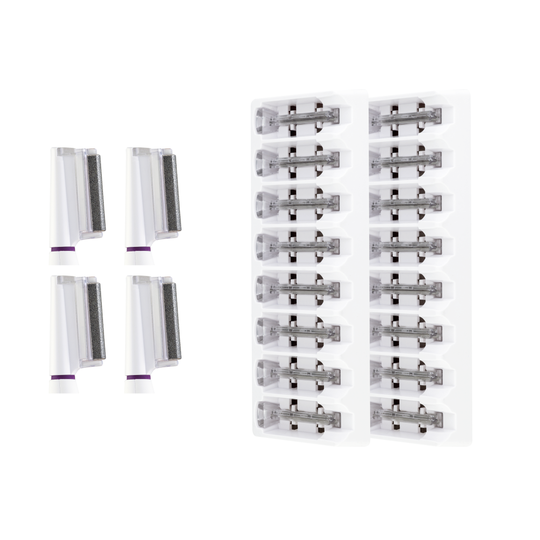 Image of the Sonicsmooth Pro+ Refill Kit with Microdermabrasion by Michael Todd Beauty, featuring two rows of razor heads and clear refill tips, set against a white background. 4 Month Supply