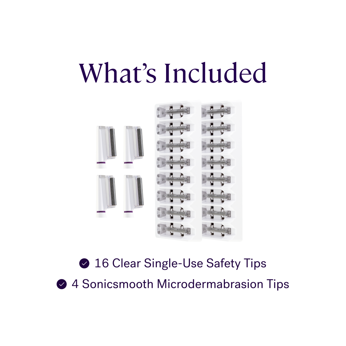 Image displaying the contents of the Sonicsmooth Pro+ Refill Kit w/ Microdermabrasion by Michael Todd Beauty, featuring 16 clear refill tips for dermaplaning and 4 microdermabrasion tips. Text reads: What's Included. 4 Month Supply