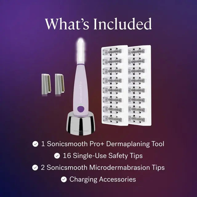 Lavender The Michael Todd Beauty Sonicsmooth Pro+ System, featuring an LED Glow Light, 16 safety tips, 2 microdermabrasion tips, and charging accessories, is displayed against a purple background.