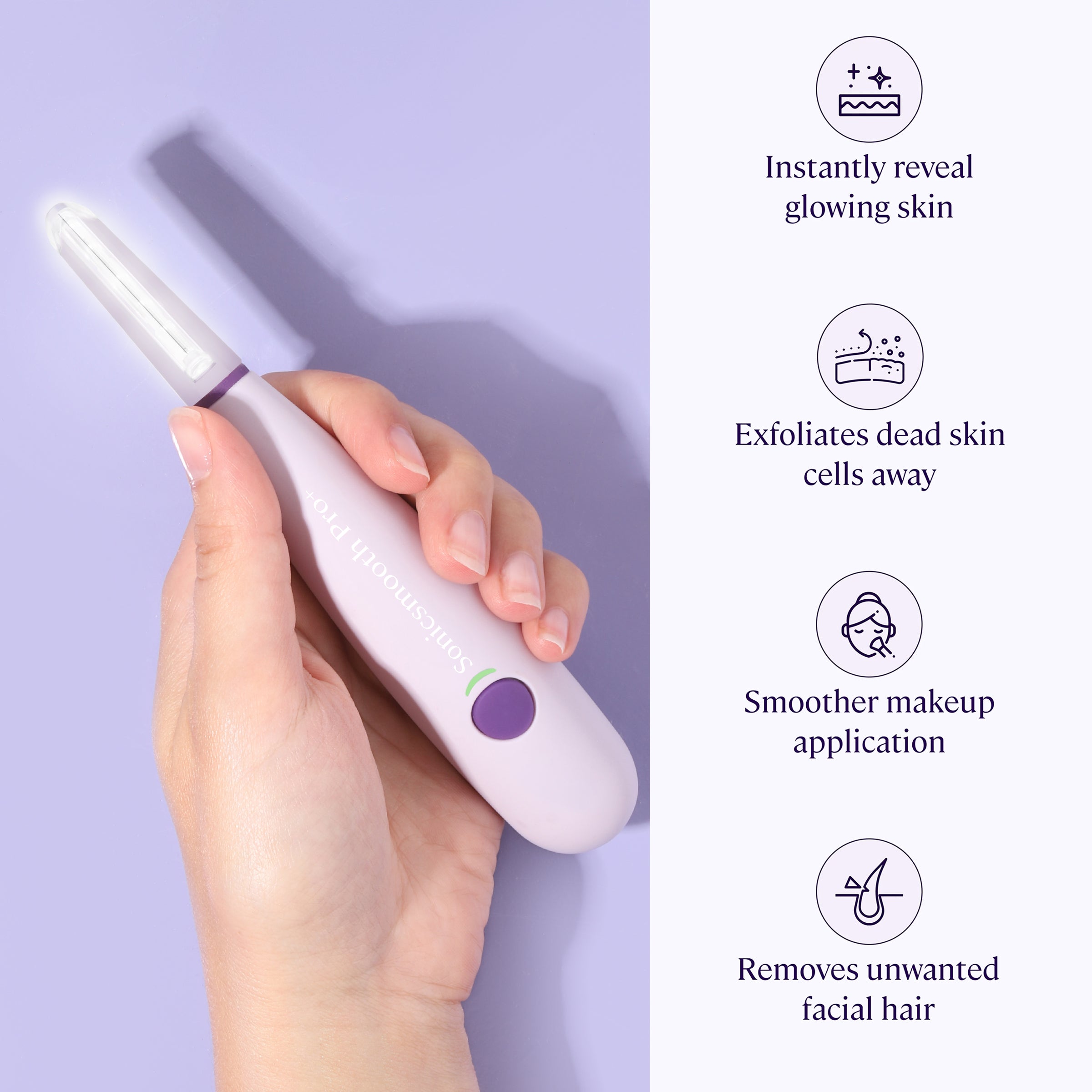A hand holding a Sonicsmooth Pro+ by Michael Todd Beauty against a purple background with icons and text detailing its benefits for skin.