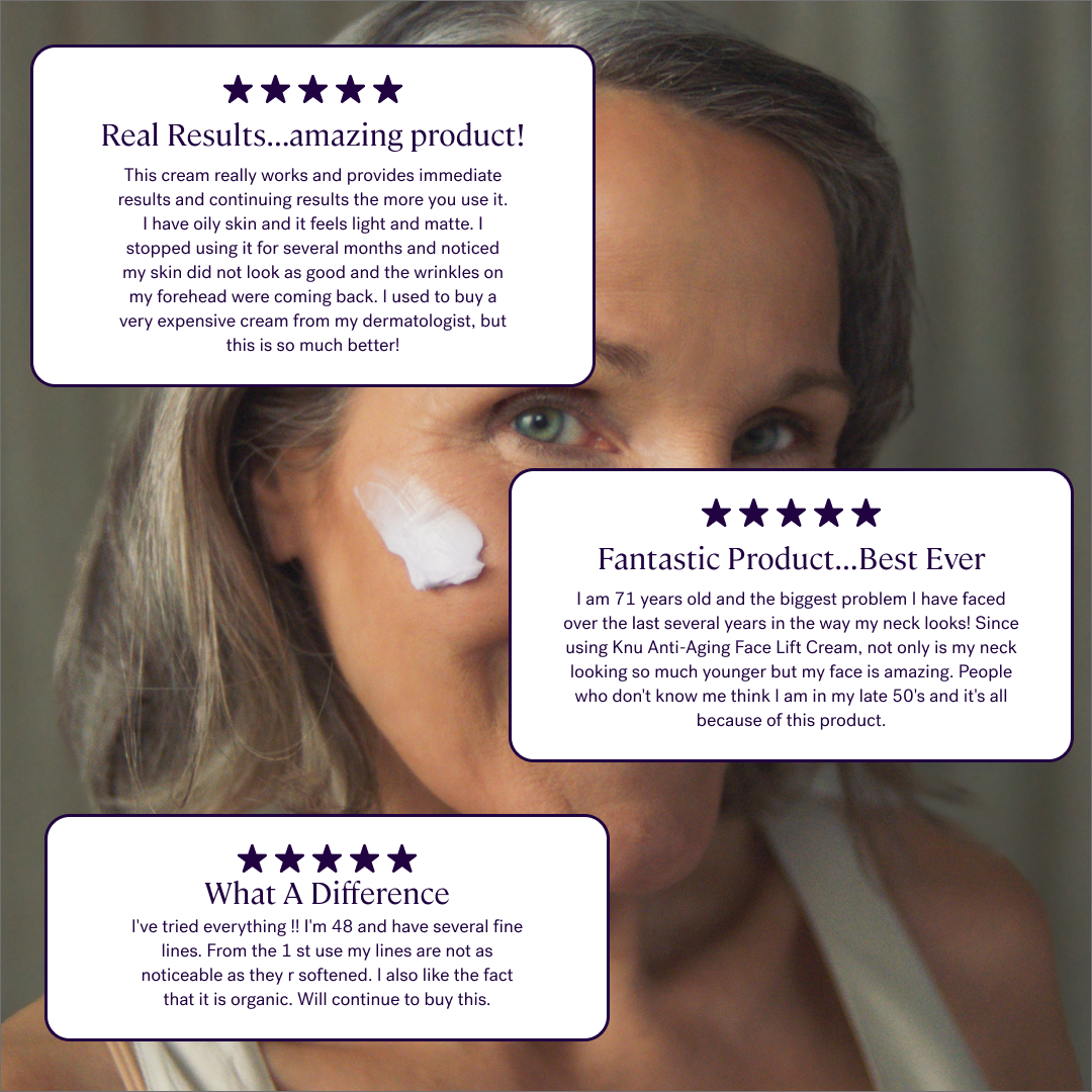 The woman's face is shown with four different types of skin care products, including Knú Cream and peptides from Michael Todd Beauty.