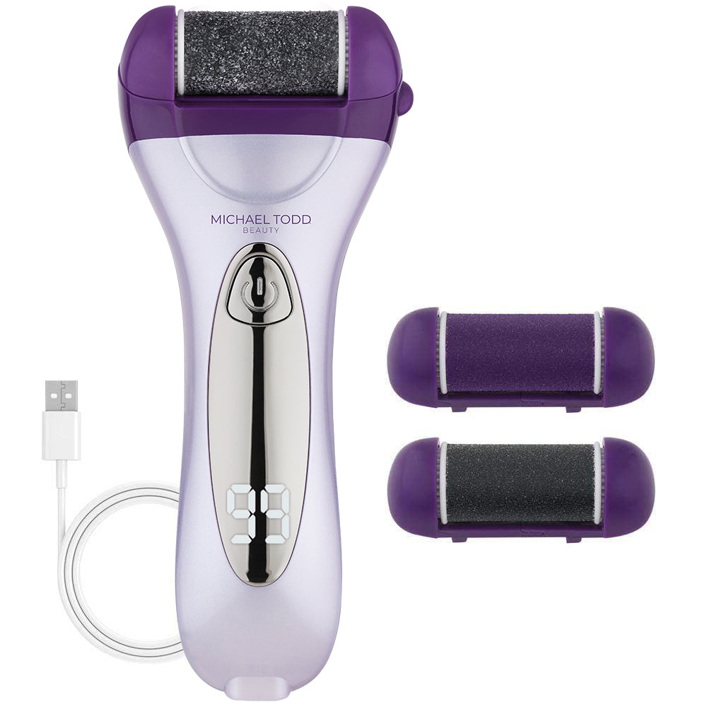 The purple and white Michael Todd Beauty Pedimax foot massager comes with a USB charger, perfect for an at-home pedicure treatment. Helps to smooth rough and callused areas on the feet.