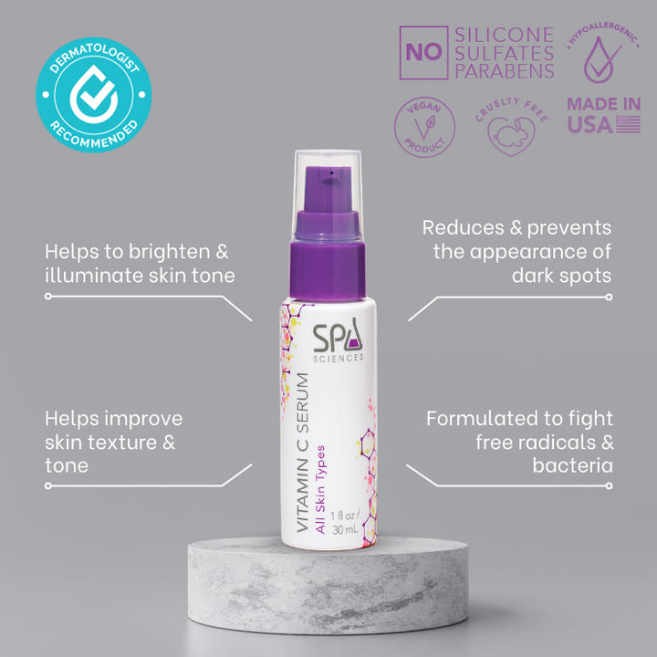 A bottle of Michael Todd Beauty's Radiance Reclaimed Vitamin C Brightening Serum sits on a stone platform, with text showcasing its antioxidant and anti-aging benefits, plus features like being vegan, cruelty-free, and made in the USA.