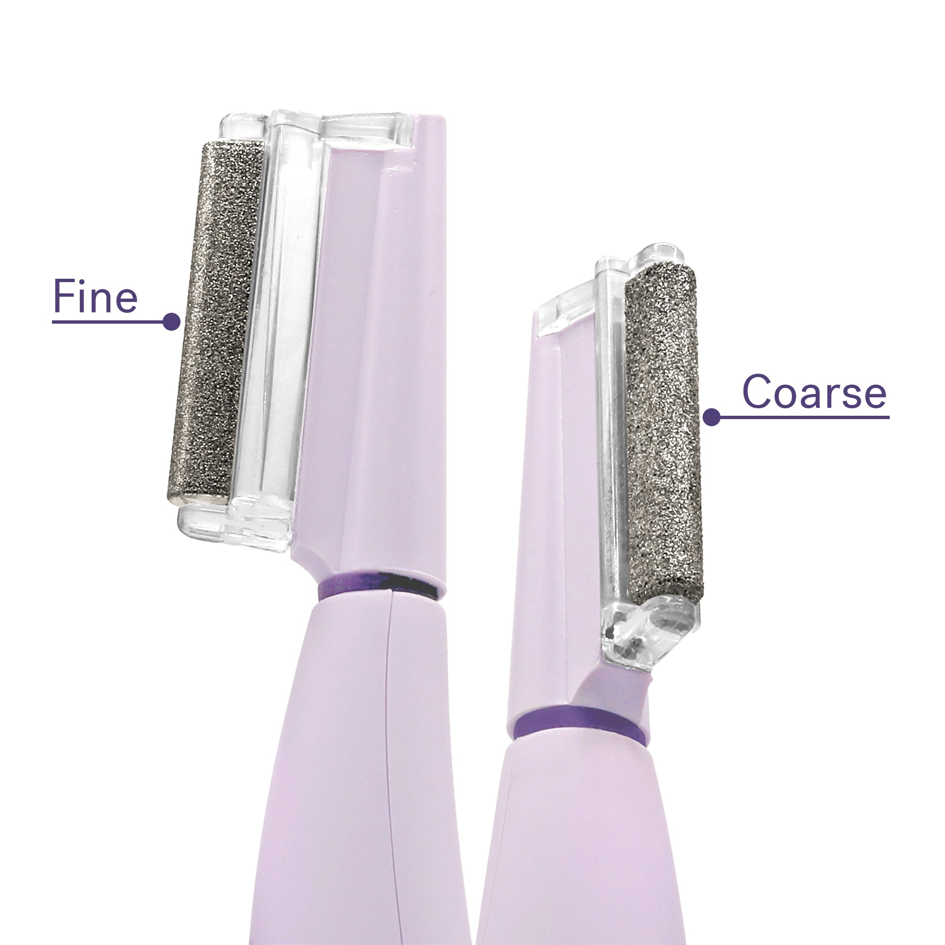 The Microsmooth by Michael Todd Beauty includes two purple pedicure tools with labeled ends, one fine and the other coarse, ideal for effective exfoliation. Achieve radiant skin with a microdermabrasion-like finish effortlessly.