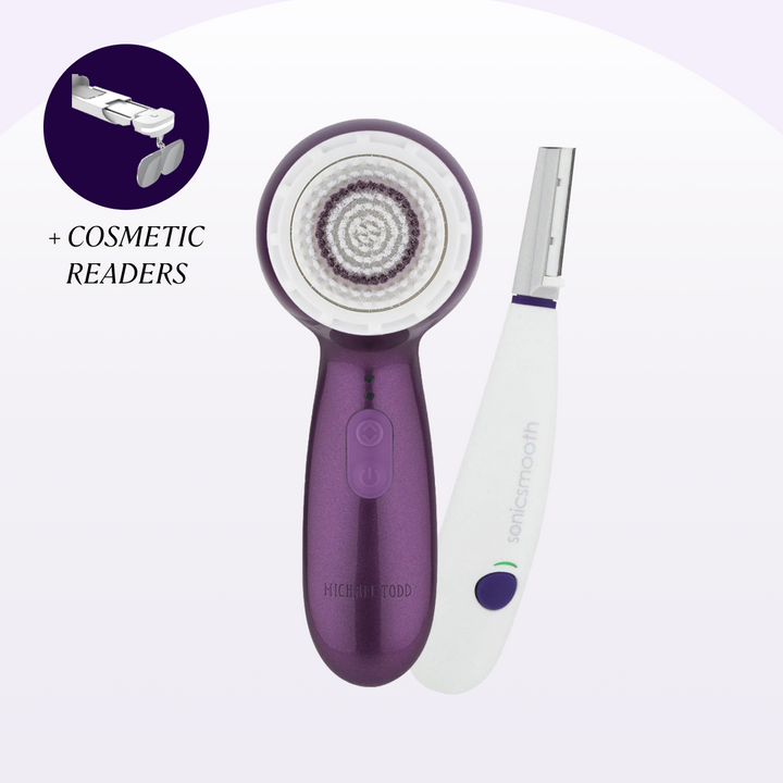 A purple device with a white Sonicsmooth handle.Product: 2-Piece Best Sellers Kit by Michael Todd Beauty. visible_badge