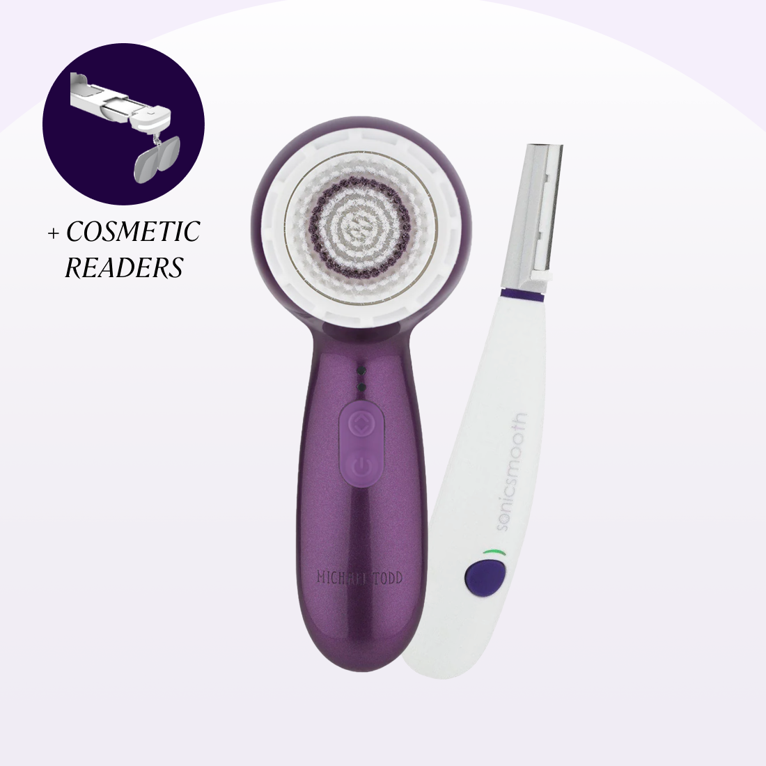 A purple device with a white Sonicsmooth handle.
Product: 2-Piece Best Sellers Kit by Michael Todd Beauty.