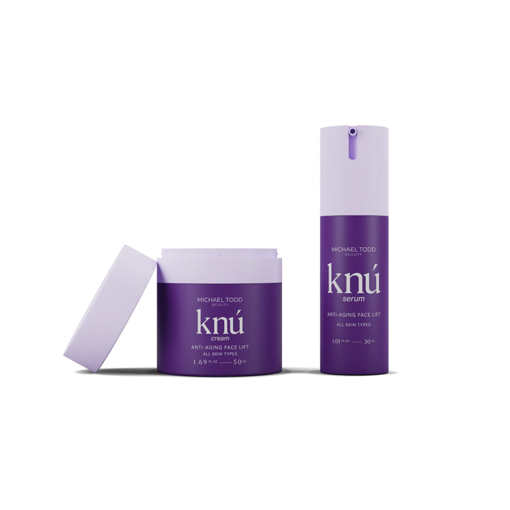 A bottle of The Knú Ageless Duo serum and a jar of The Knú Ageless Duo firmness. visible_badge