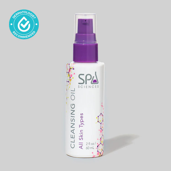 A 2 fl oz bottle of Michael Todd Beauty Cleansing Oil for all skin types, featuring a purple pump and dermatologist recommended badge, shown on a gray background.