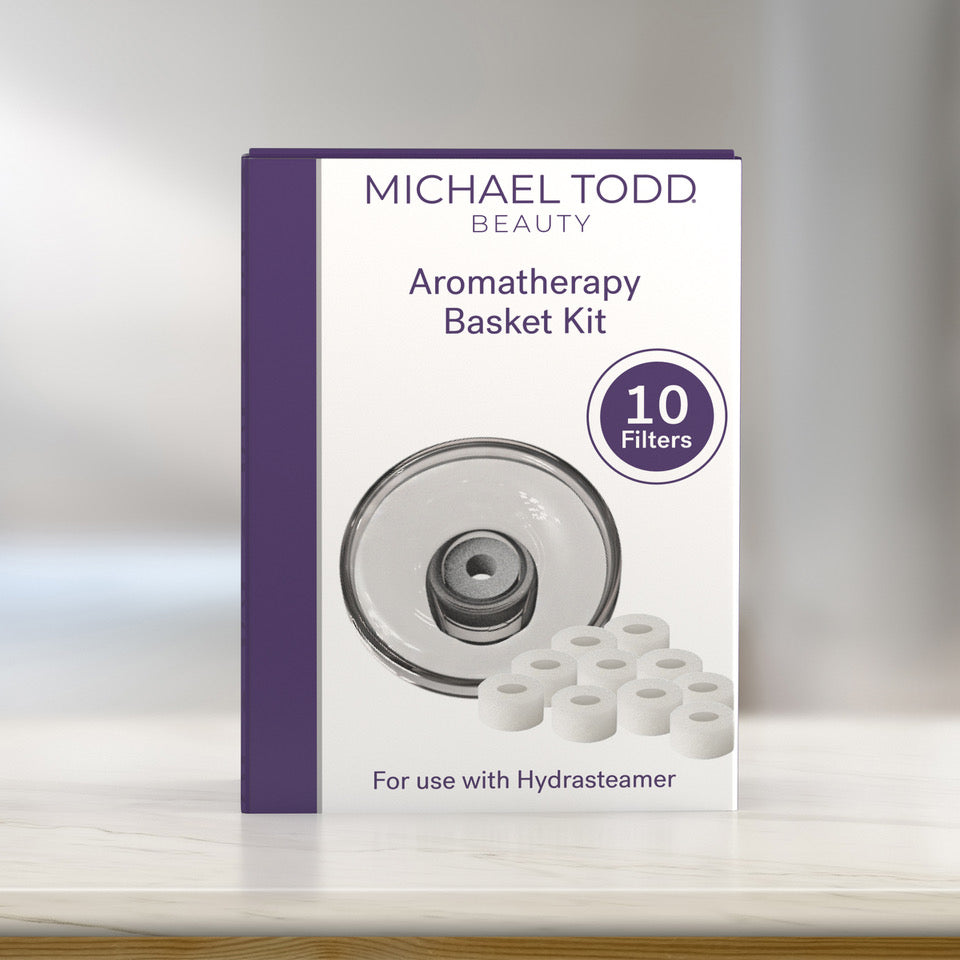 Box of Michael Todd Beauty Hydrasteamer Aromatherapy Basket & Filters Kit with 10 filters, designed for use with the Hydrasteamer.