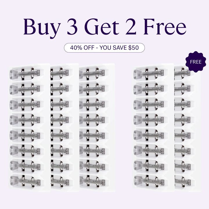 Five packs of Sonicsmooth Refill Blades by Michael Todd Beauty displayed in a row, featuring "Buy 3 Get 2 Free," "40% Off - You Save $50," and "Free" labels on two packs.