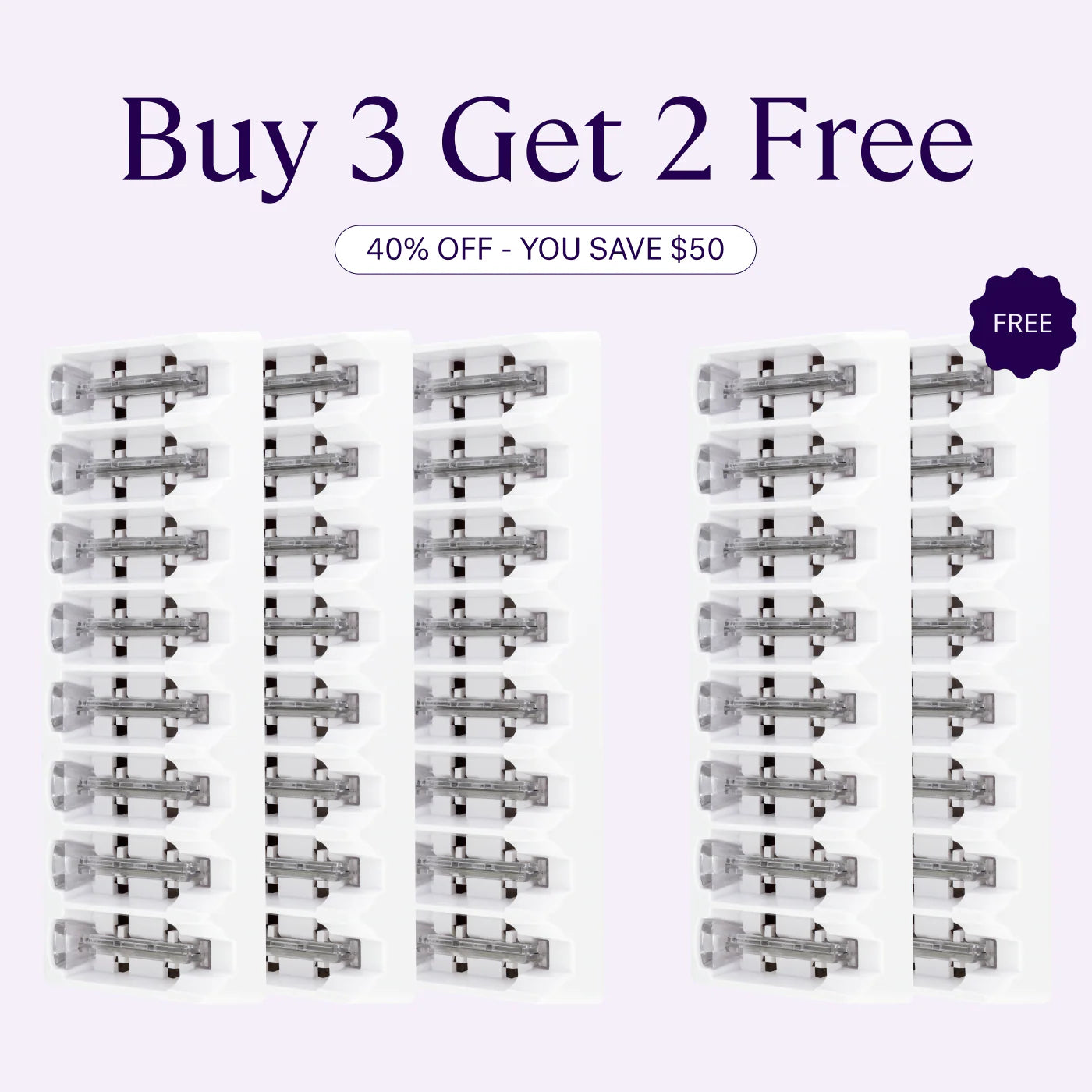 Five packs of Sonicsmooth Refill Blades by Michael Todd Beauty displayed in a row, featuring "Buy 3 Get 2 Free," "40% Off - You Save $50," and "Free" labels on two packs.