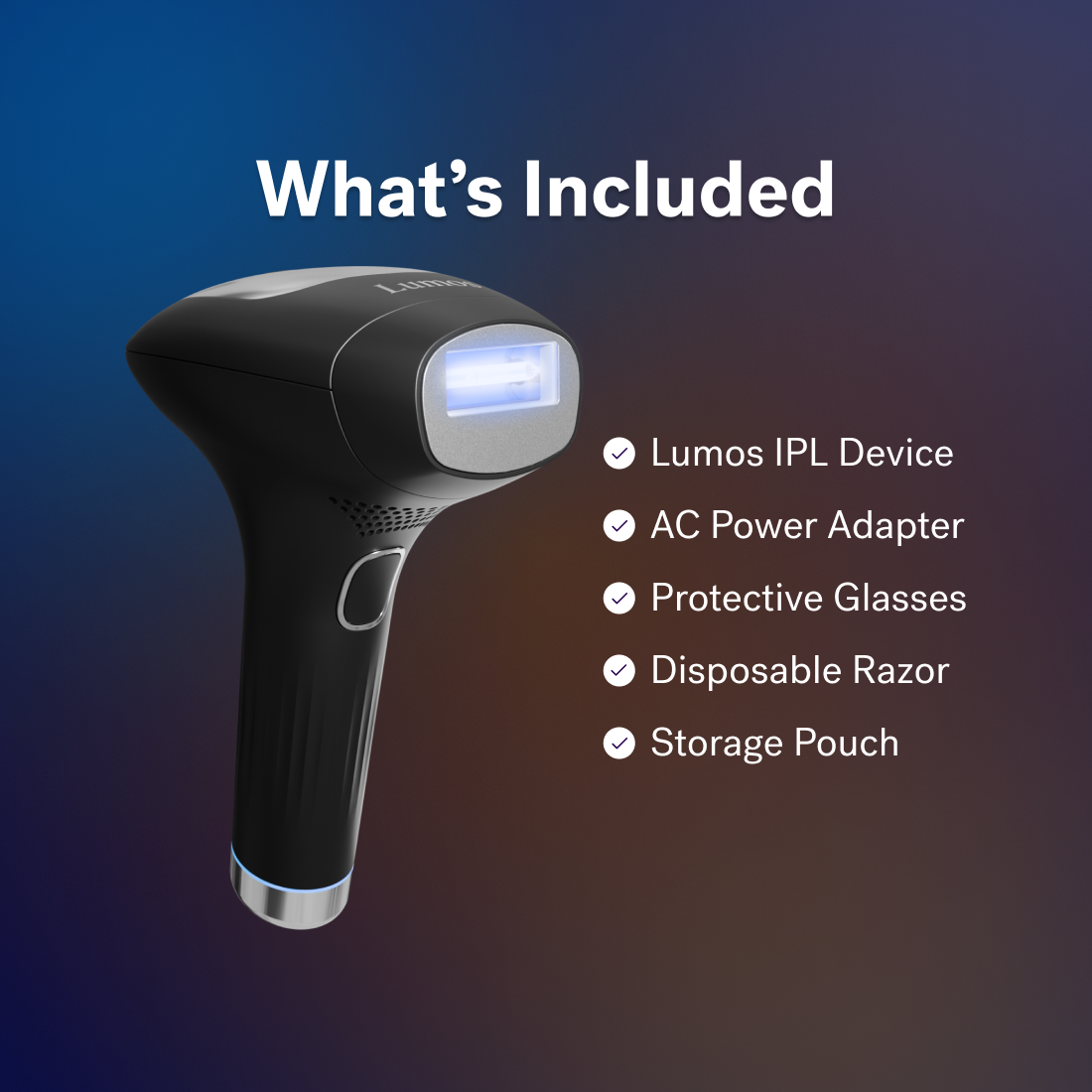 Black - A Michael Todd Beauty Lumos IPL device featuring COOLMAX cooling technology, AC power adapter, protective glasses, disposable razor, and storage pouch are displayed with the text "What's Included" above.