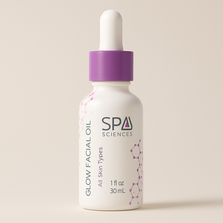 Dermaplaning Glow Facial Oil by Michael Todd Beauty, 1 fl oz, features a purple dropper cap and molecular design on a neutral background.