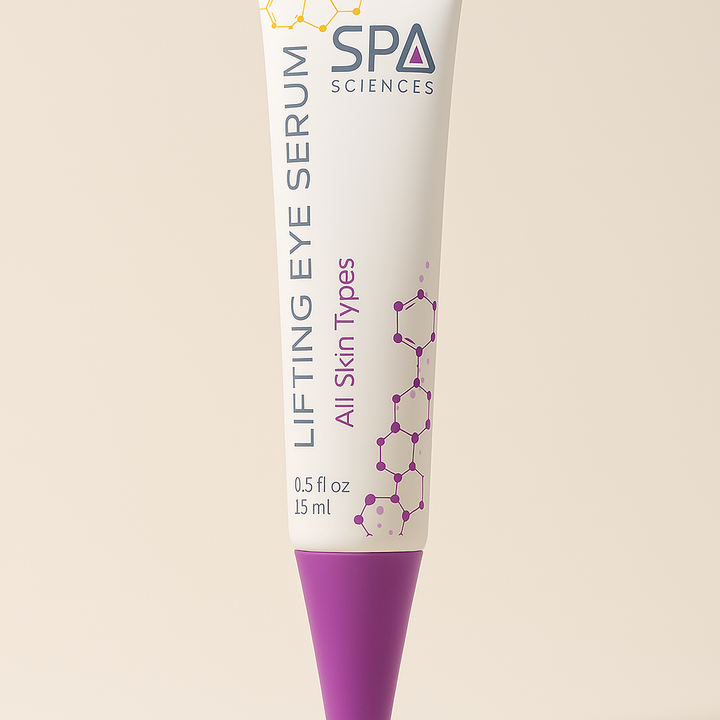 A 0.5 fl oz (15 ml) tube of Lifting Eye Serum by Michael Todd Beauty for all skin types, featuring a purple cap and molecular graphic.