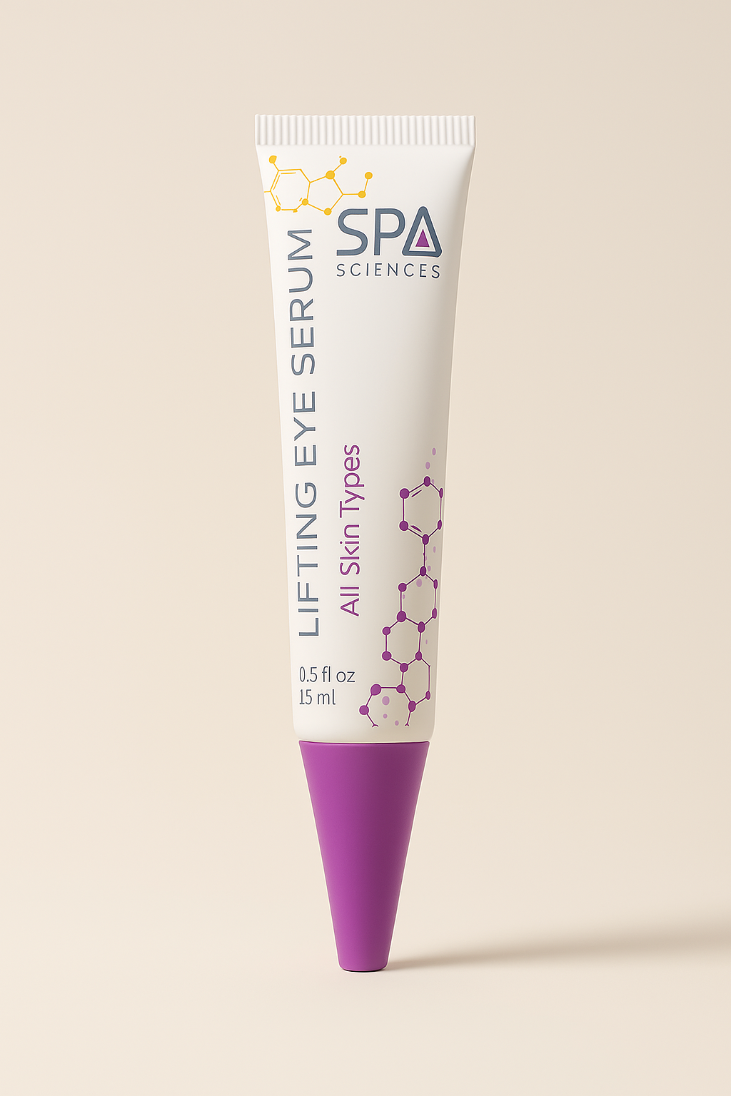 A 0.5 fl oz (15 ml) tube of Lifting Eye Serum by Michael Todd Beauty for all skin types, featuring a purple cap and molecular graphic.