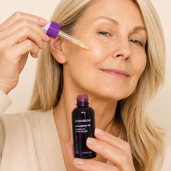 A woman applies Dermaglow Dermaplane Oil to her cheek with a dropper, holding a bottle labeled 