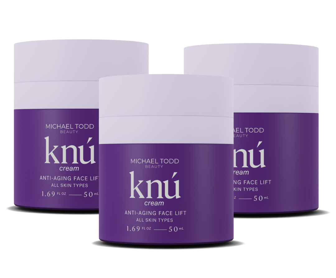 Three jars of Michael Todd Beauty Knú Ageless Cream - 3 Month Supply in purple.