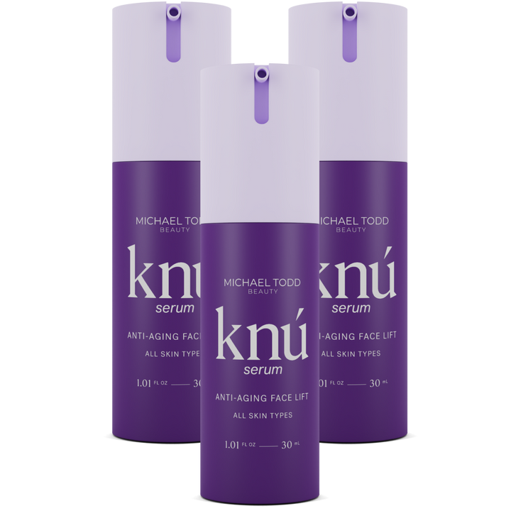 Three bottles of Michael Todd Beauty Knú Ageless Serum - 3 Month Supply in purple. visible_badge