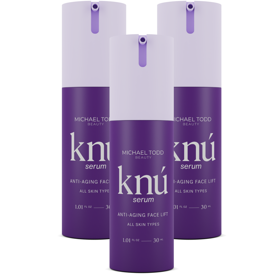 Three bottles of Michael Todd Beauty Knú Ageless Serum - 3 Month Supply in purple. visible_badge