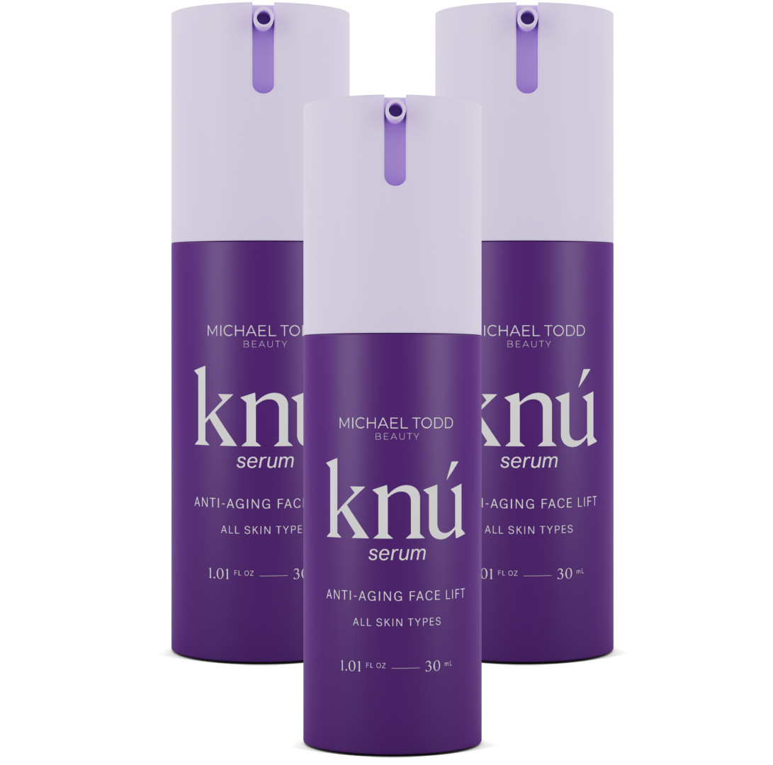 Three bottles of Michael Todd Beauty Knú Ageless Serum - 3 Month Supply in purple.