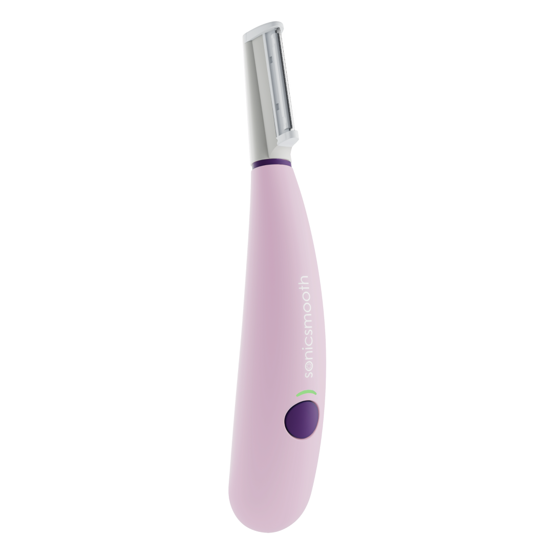 Pink Sonicsmooth Sonic Dermaplaning System - A handheld pink and silver electric trimmer with a sleek design, featuring a single button and the word "Sonicsmooth" printed on the side, ideal for painless exfoliation and effective peach fuzz removal from Michael Todd Beauty. visible_badge