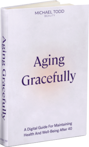 A white Age Gracefully E-Book with blue text by Michael Todd Beauty. visible_badge