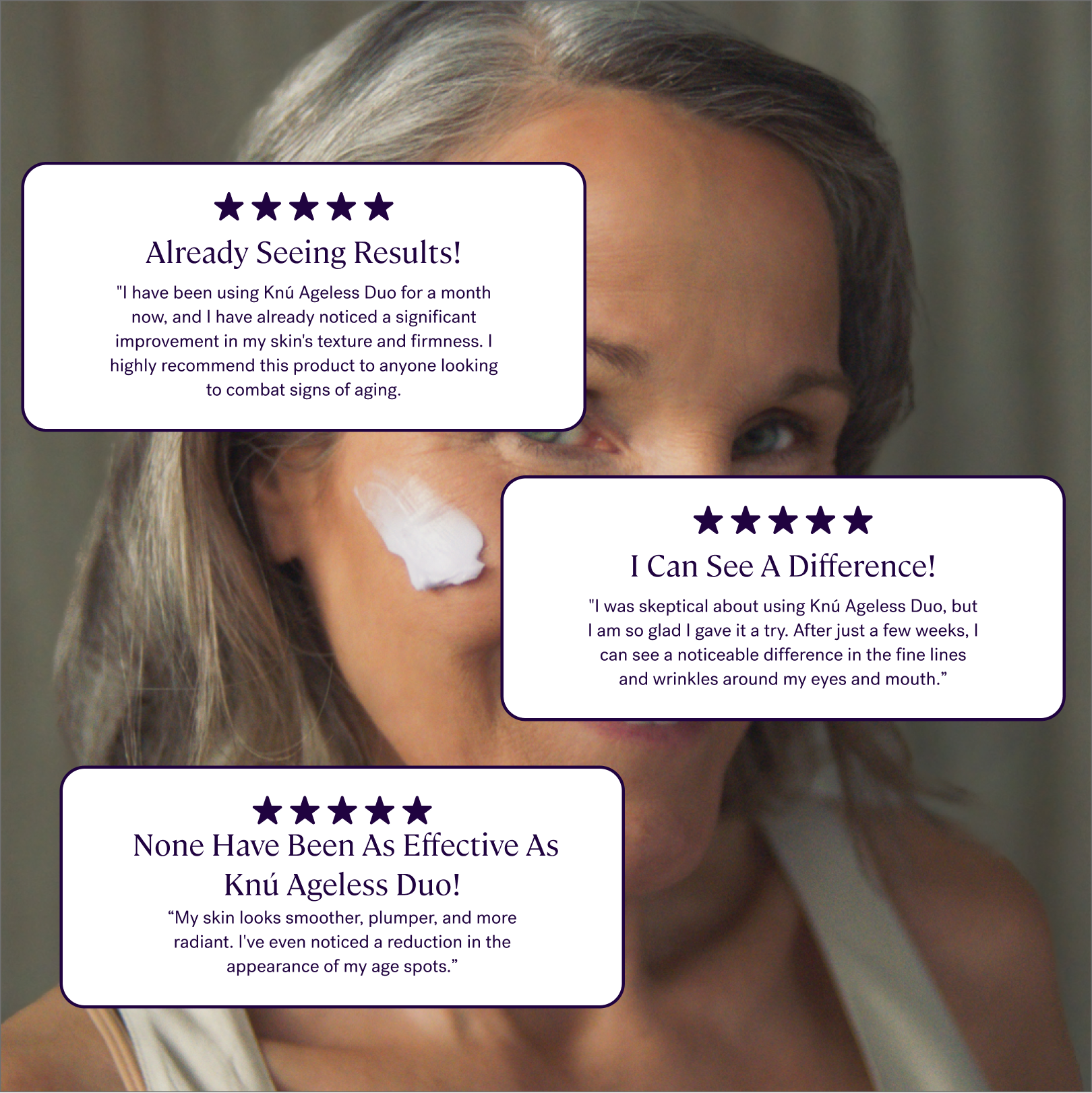 A woman's face with four stars, showcasing her rejuvenated skin thanks to the Knú Ageless Duo by Michael Todd Beauty.