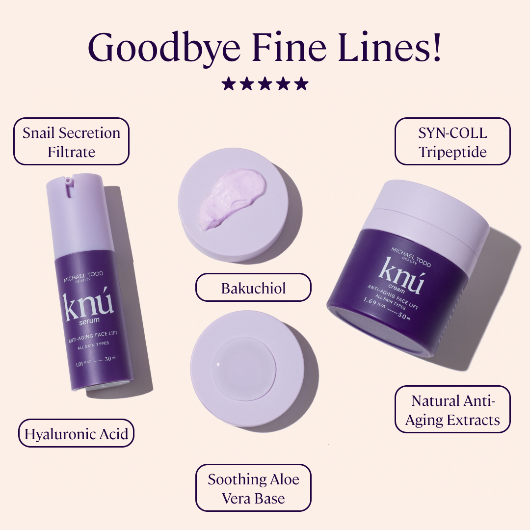 Pink .  Graphic showing Michael Todd Beauty's anti-aging skincare products including a bottle, a jar, and ingredients like snail secretion and aloe vera, with the text "goodbye fine lines!".