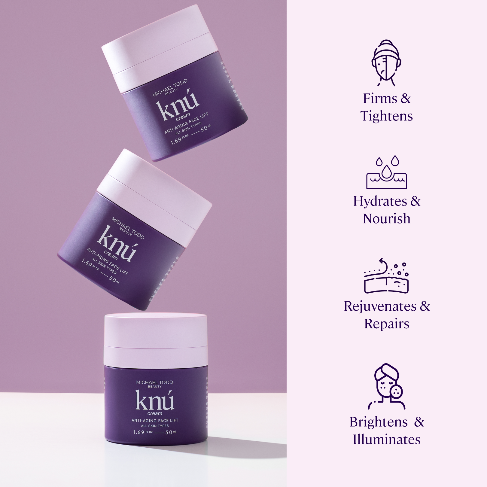 Three jars of Knú Ageless Duo skin firmness serum products on a purple background by Michael Todd Beauty.