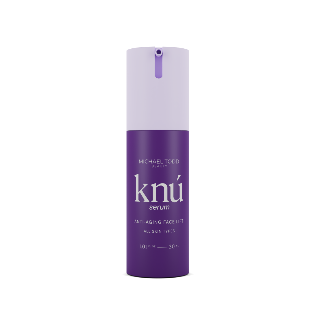 Sentence with revised product name and brand name: A bottle of Michael Todd Beauty's Knú Serum (30 day), containing peptides for skin regeneration, is showcased on a white background. visible_badge