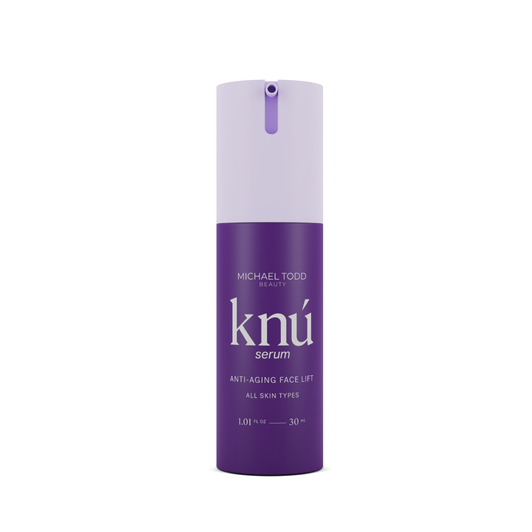 Sentence with revised product name and brand name: A bottle of Michael Todd Beauty's Knú Serum (30 day), containing peptides for skin regeneration, is showcased on a white background.