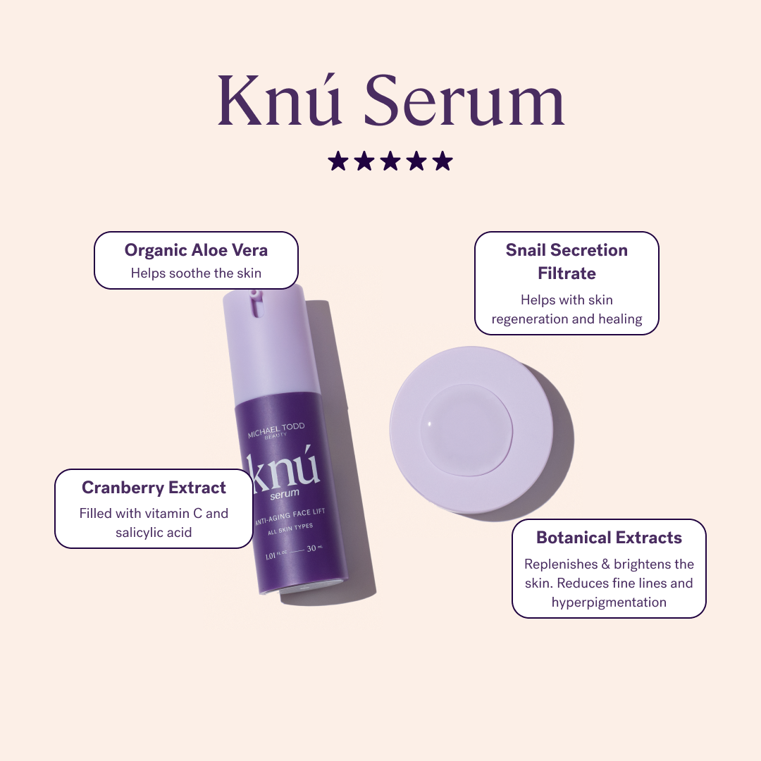 An anti-aging serum with Knú Serum (30 day) by Michael Todd Beauty above it.