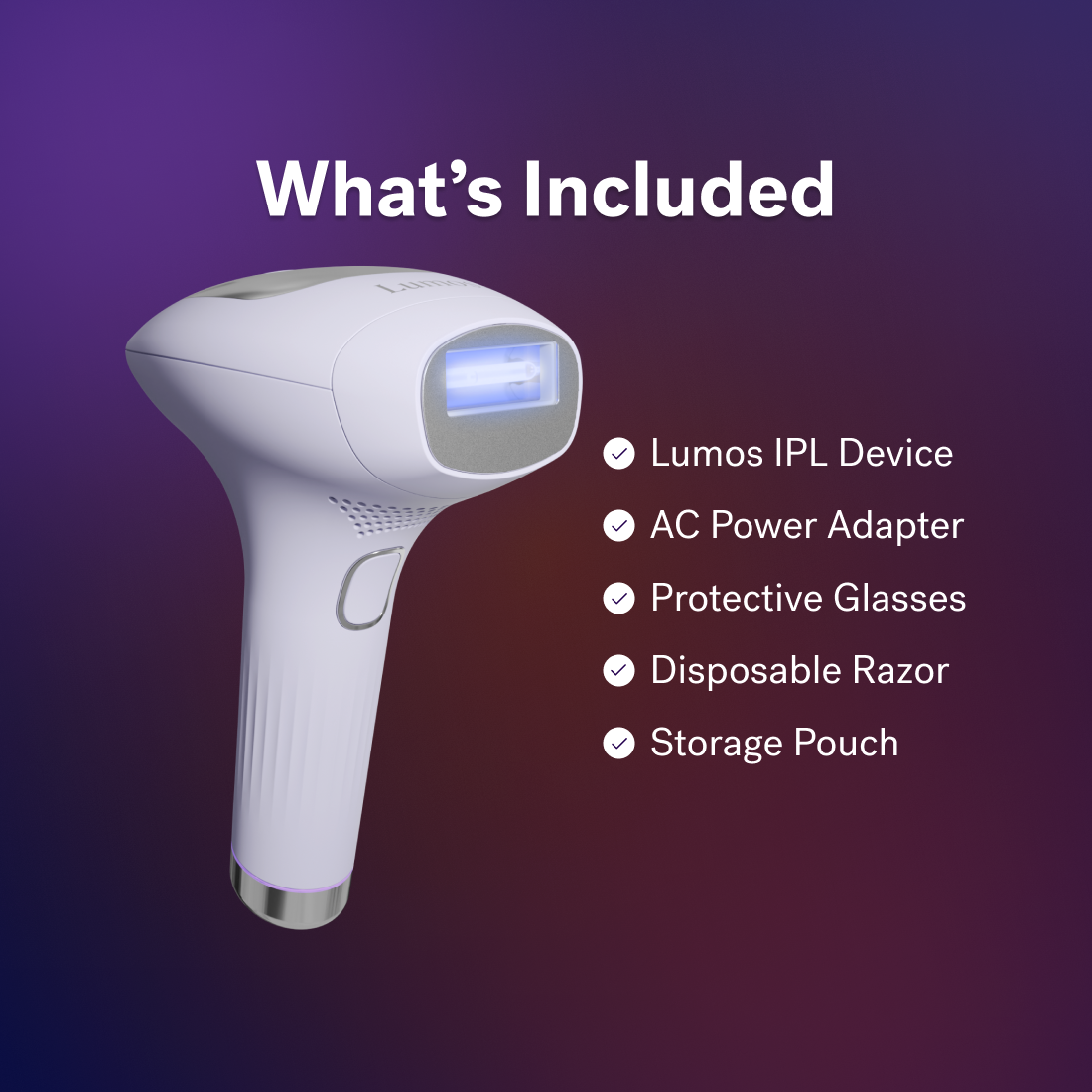 Lavender Lust - Image displaying a Michael Todd Beauty Lumos IPL device for at-home hair removal with a list of included items: AC power adapter, protective glasses, disposable razor, and storage pouch, against a gradient background. The device features COOLMAX cooling technology for enhanced comfort.