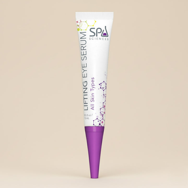 A tube of Michael Todd Beauty Wide Awake Lifting Eye Serum for all skin types stands upright against a plain beige background.