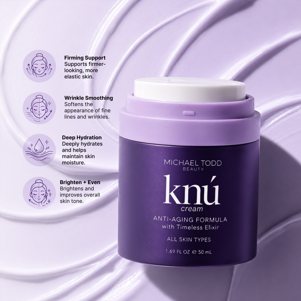 Open jar of Michael Todd Beauty knú cream resting on a swirl of light purple cream texture.