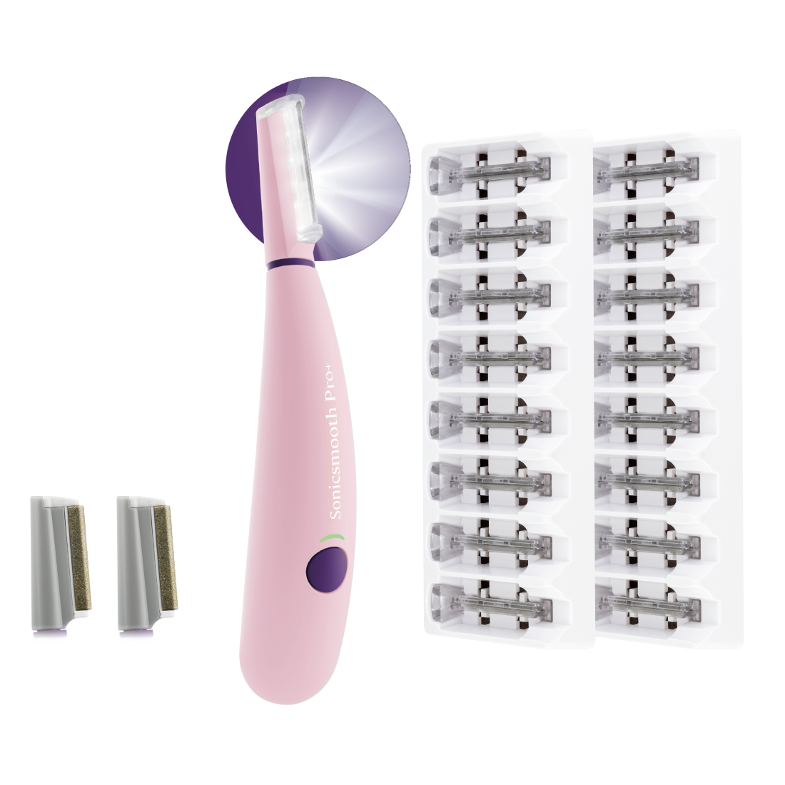 A pink Michael Todd Beauty Sonicsmooth Pro+ System with two replacement heads and twenty razor blade cartridges arranged in two trays.