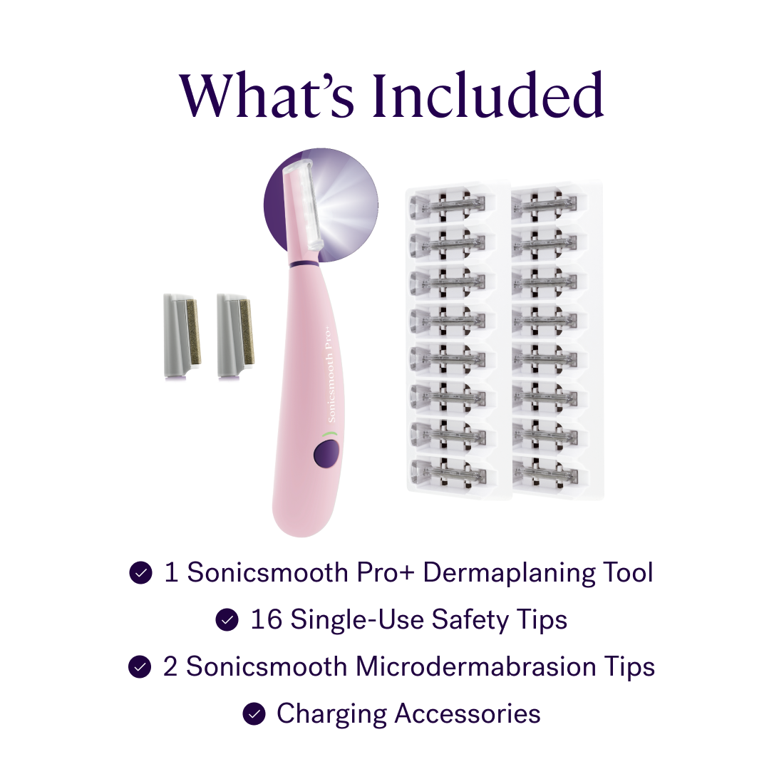 The image presents the Michael Todd Beauty Sonicsmooth Pro+ System, including 16 safety tips, 2 microdermabrasion tips, and charging accessories. It features an LED Glow Light for professional-grade exfoliation, found under "What's Included.